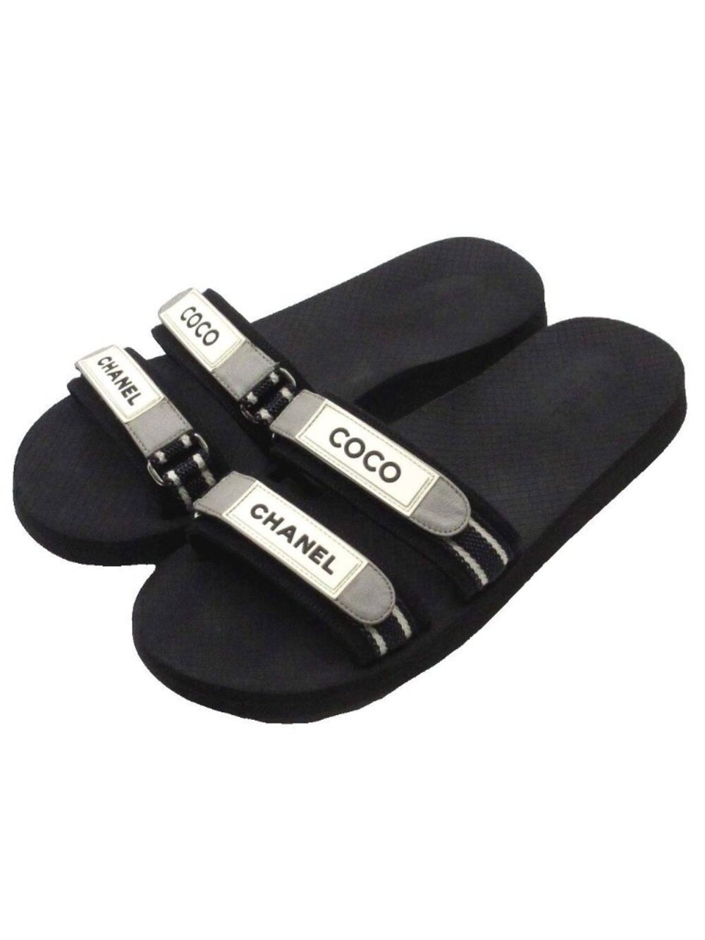 Chanel Velcro Logo Sandals Flat Black